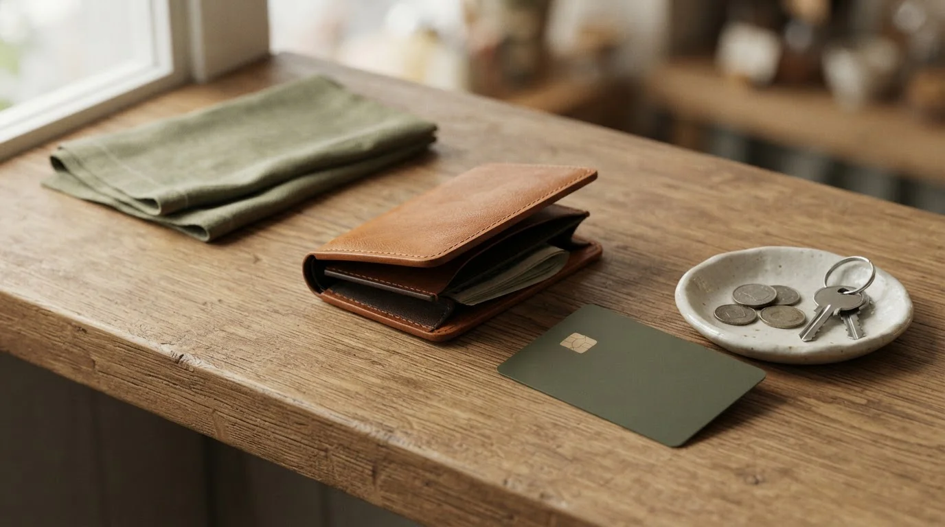 Lederbrieftasche und Bankkarte auf einem Schreibtisch