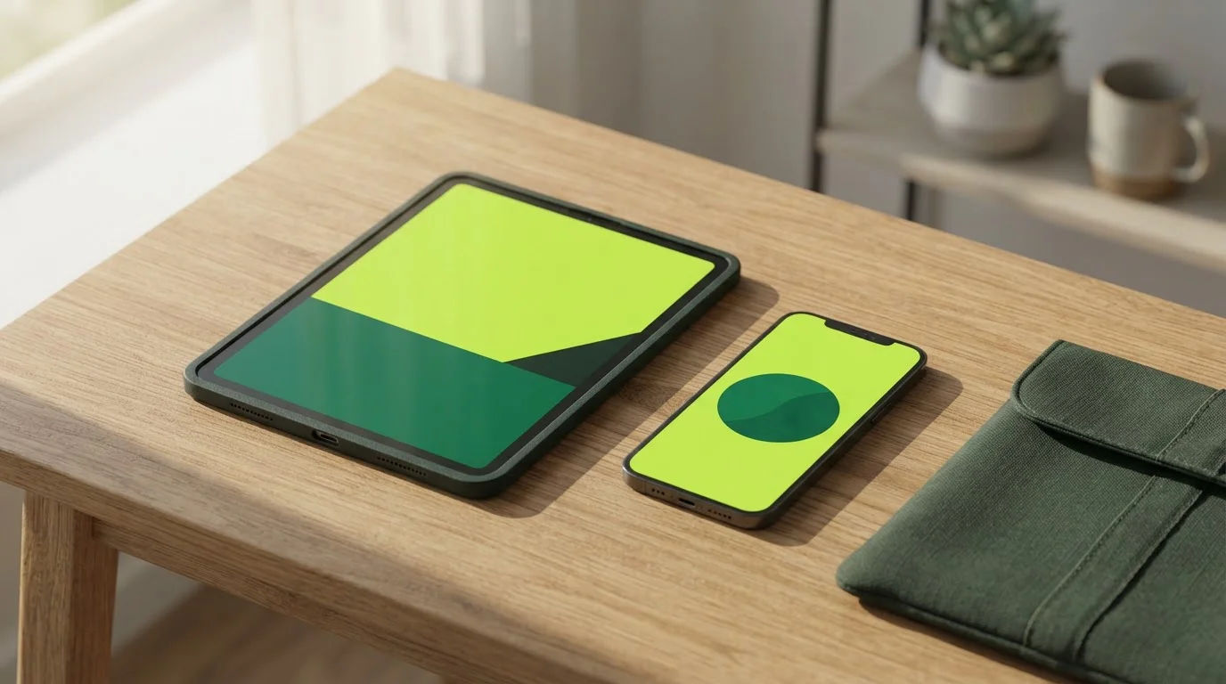 Tablet und Smartphone nebeneinander auf einem Schreibtisch