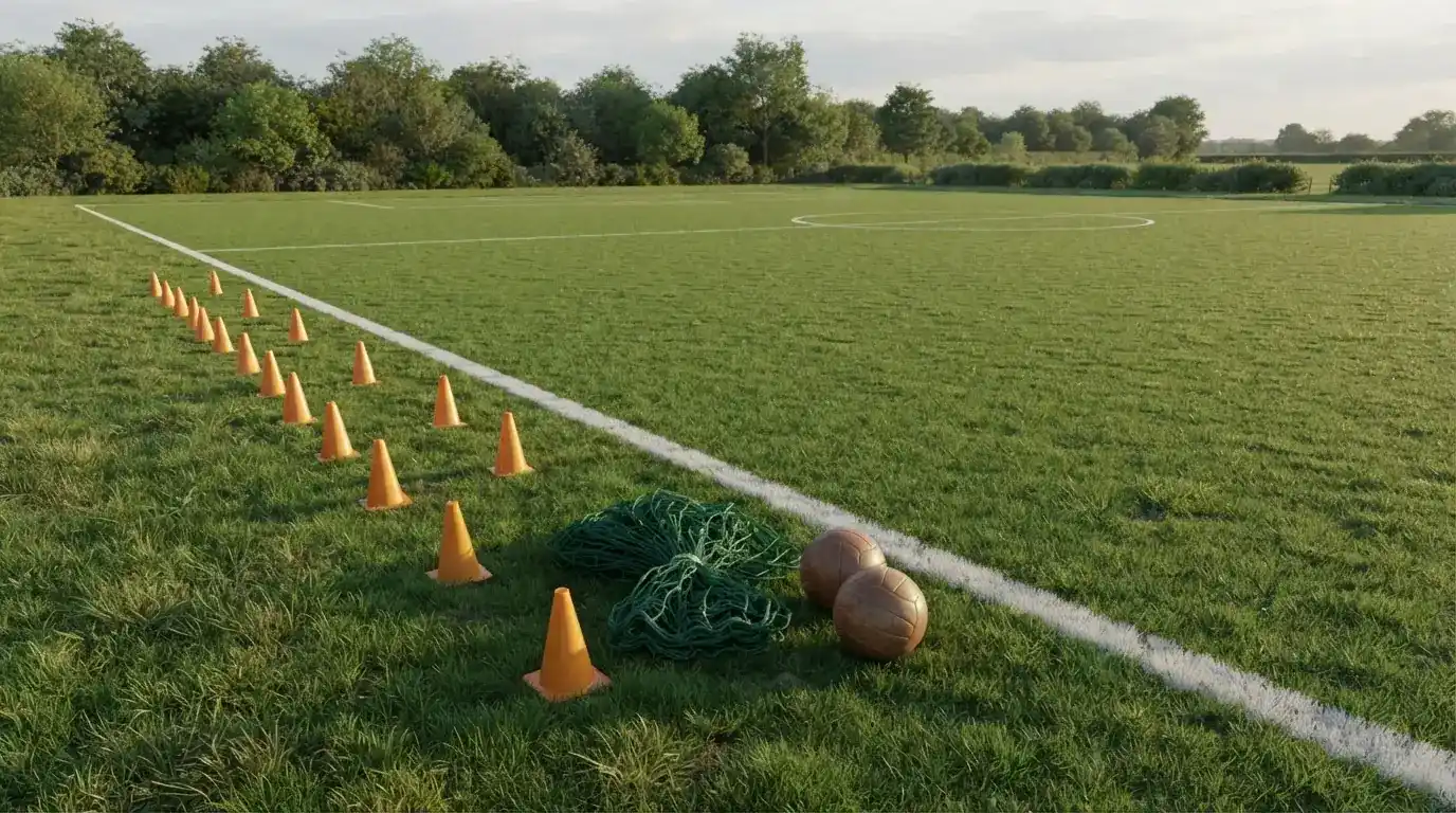 Trainingshütchen, Netze und Bälle am Rand eines Sportplatzes