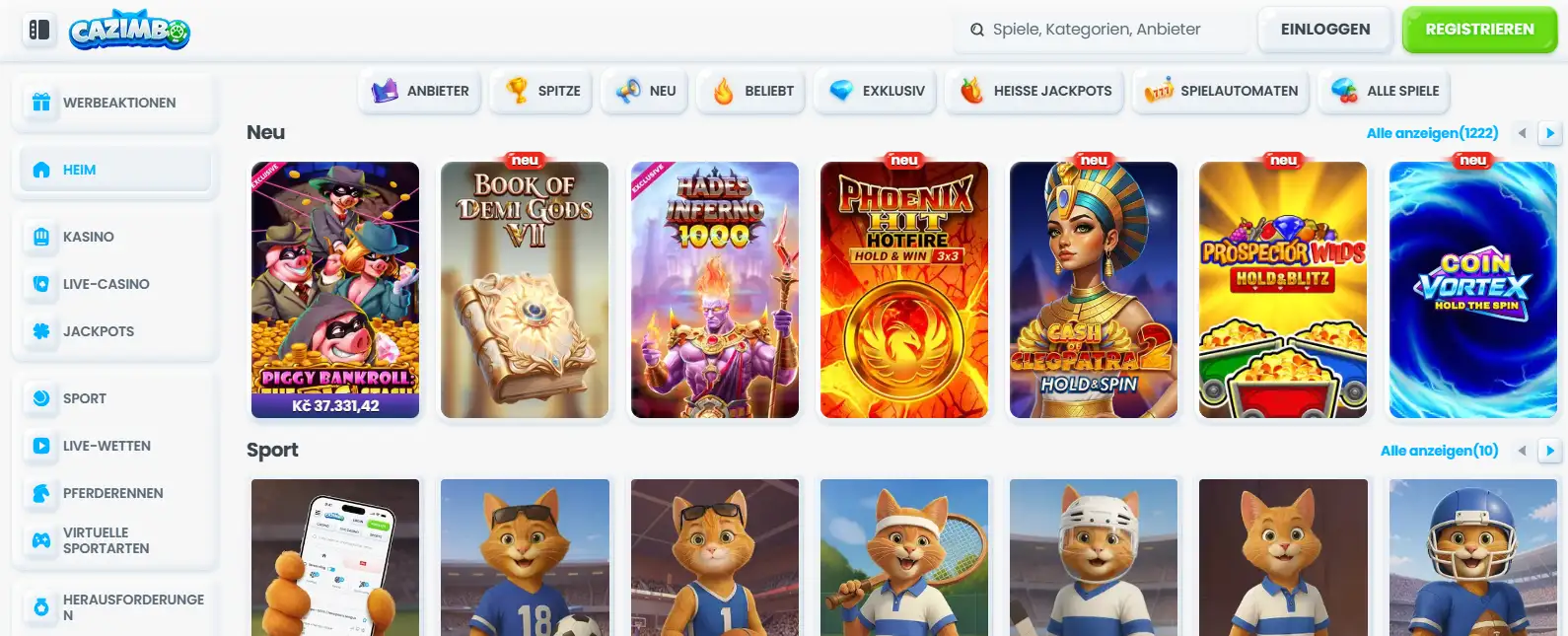 Startseite von Cazimbo mit Navigation zu Sportwetten
