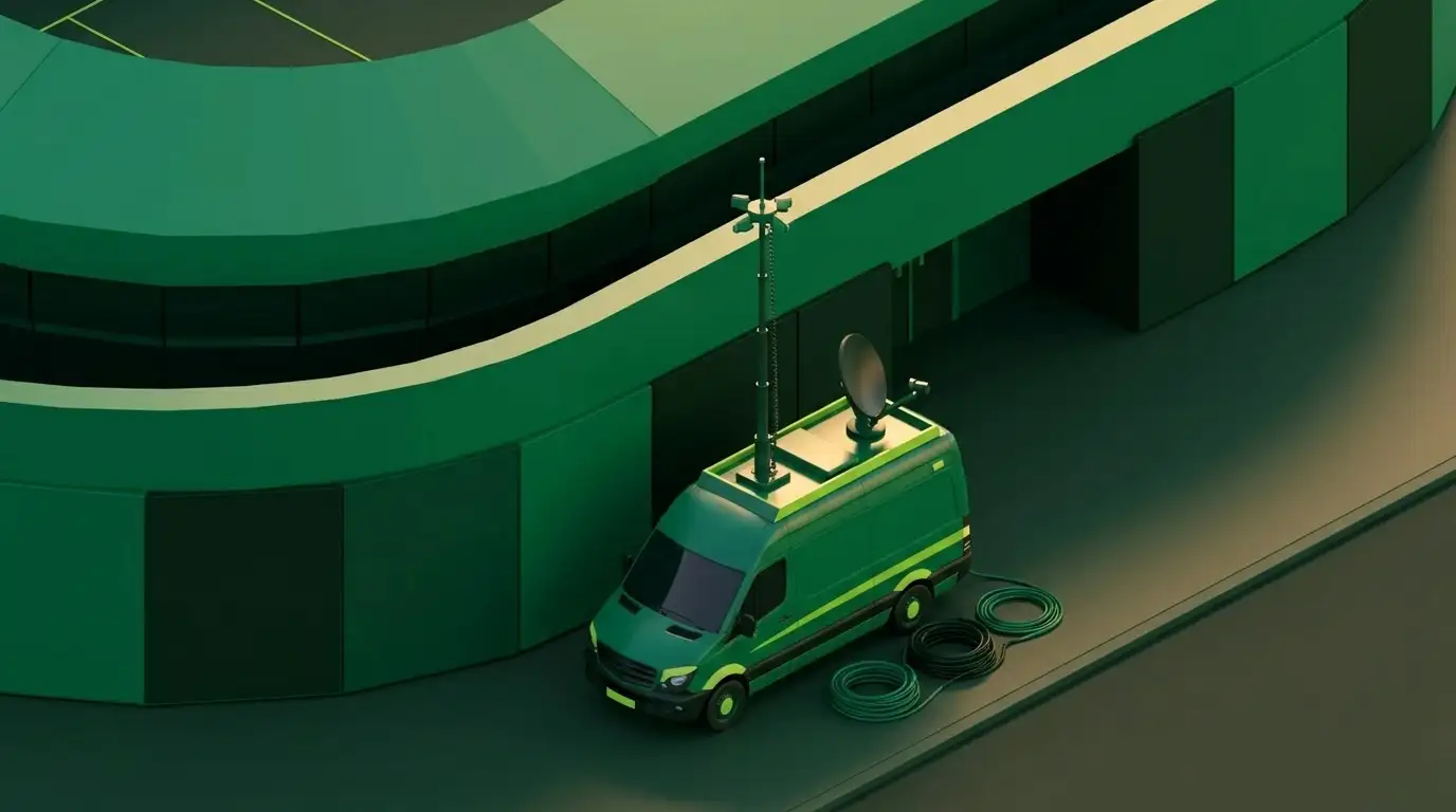 Fernsehübertragungswagen mit Antenne vor einem Sportstadion