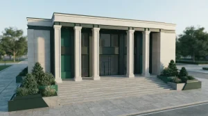 Fassade eines öffentlichen Gebäudes mit hohen steinernen Säulen