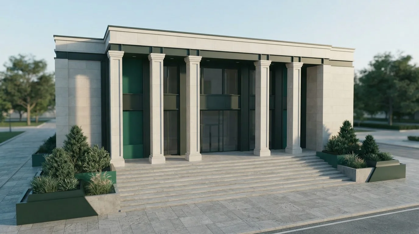 Fassade eines öffentlichen Gebäudes mit hohen steinernen Säulen