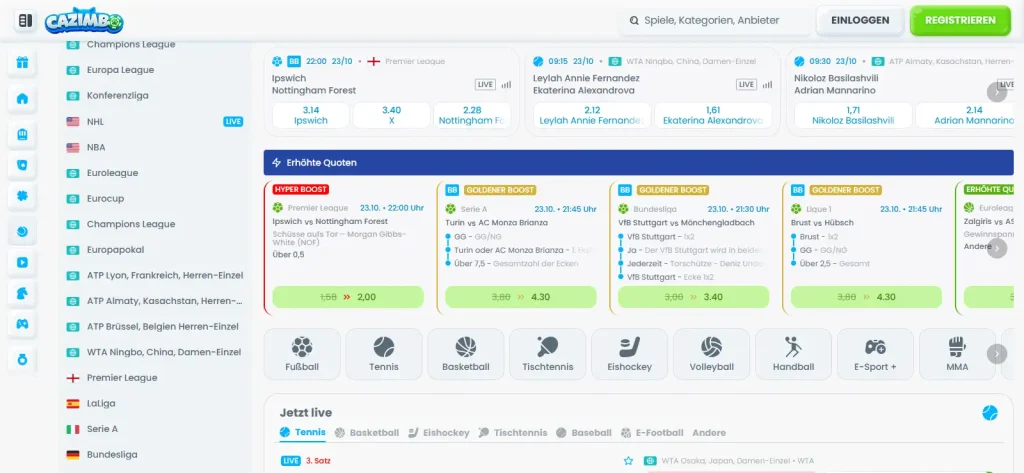 Sportwettenbereich mit Sportnavigation bei Cazimbo